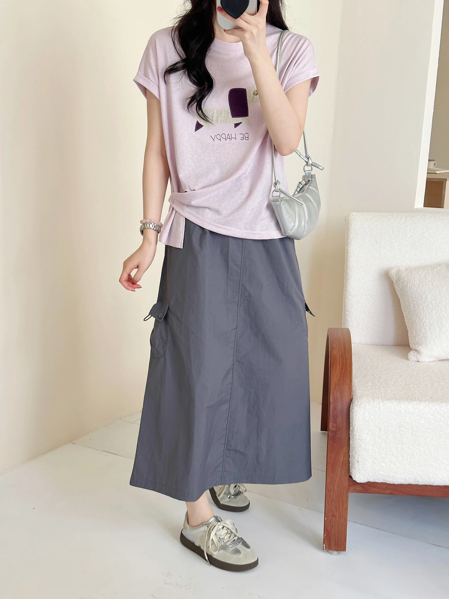 

SweetAnnie Cotton Workwear Skirt Casual Commute Elastic Waist Women's T-irt Summer S Print Loose Fit Regular Length