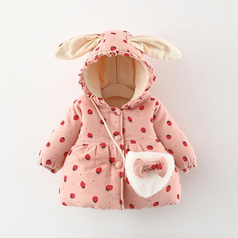 Baby Girl'S Cotton Jacket Cute Strawberry Hooded Girl'S Cotton Jacket For Autumn And Winter Warm Winter Girl'S Clothing