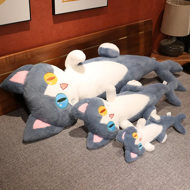 50/85/135cm Kawaii Alien Cat Plush Toys Lovely Lying Cat Pillow with Shark\'s Tail Stuffed Soft Cushion Birthday Gift