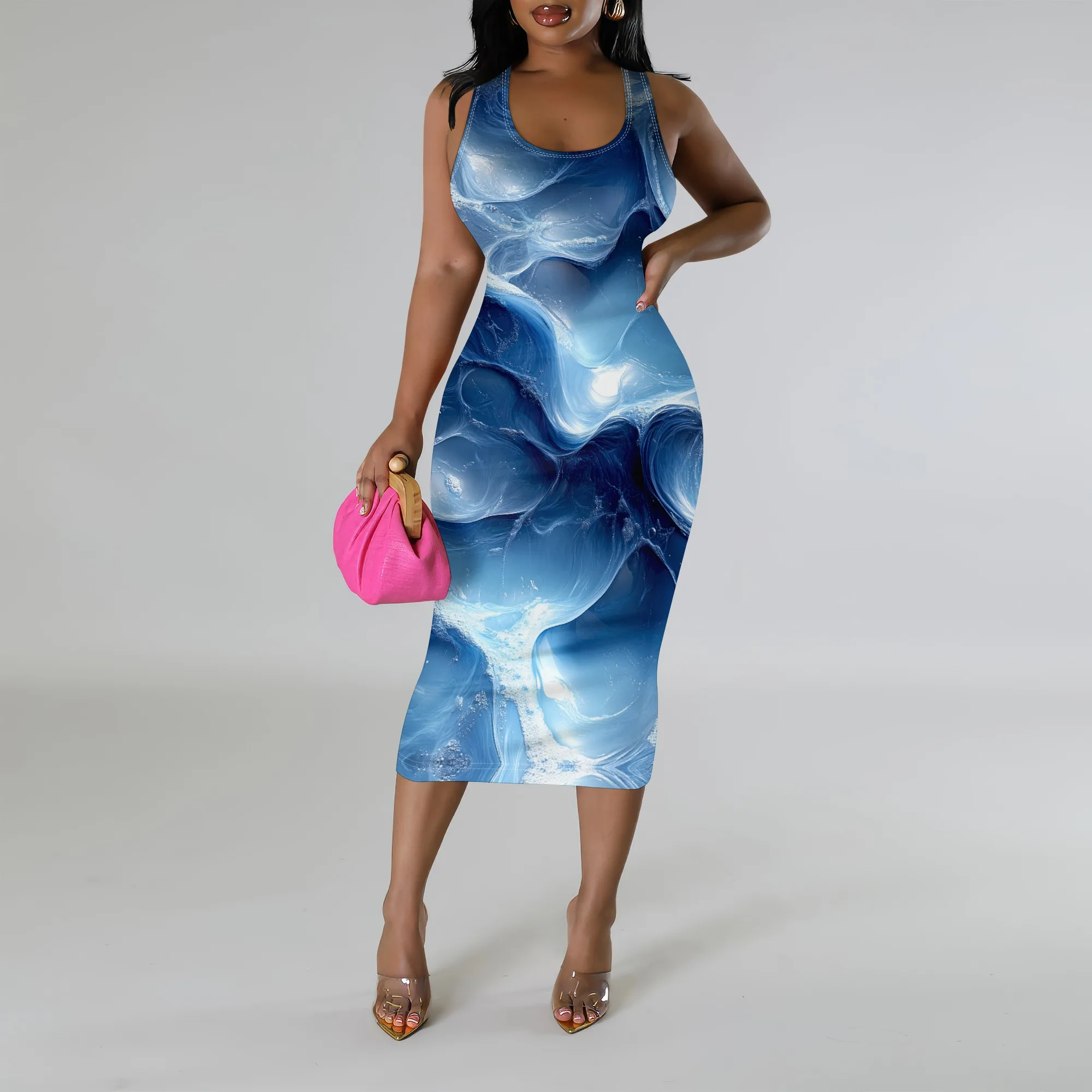 

Blue Abstract Fluid Print Bodycon Midi Dress XS‑3XL Sleeveless Style for Club Night, Music Fest or Futuristic Streetwear Look