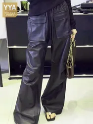 New Fashion Women Loose Fit Straight Wide Leg Pants Autumn OL Big Pockets Elastic Waist Sheepskin Genuine Leather Cargo Pants