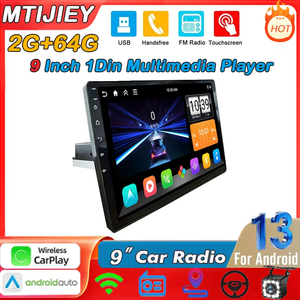 

MTIJIEY 2+64G 9'' 4Core Android 13 1Din Car Multimedia CarPlay Universal Navigation GPS Headunit Auto Radio Audio Stereo DVD