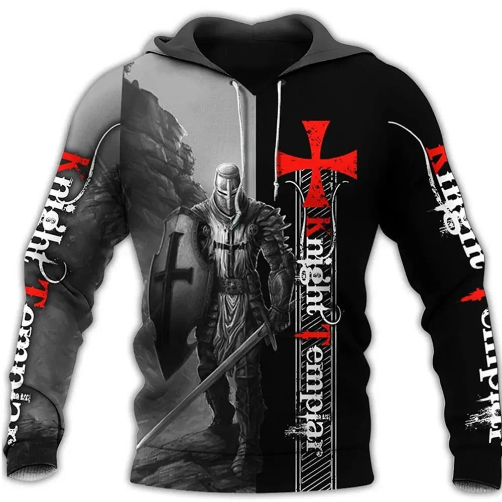 

2024 popular street men's 3D cross knight pattern printing loose hooded large size sports pullover trendy fashion men's clothing