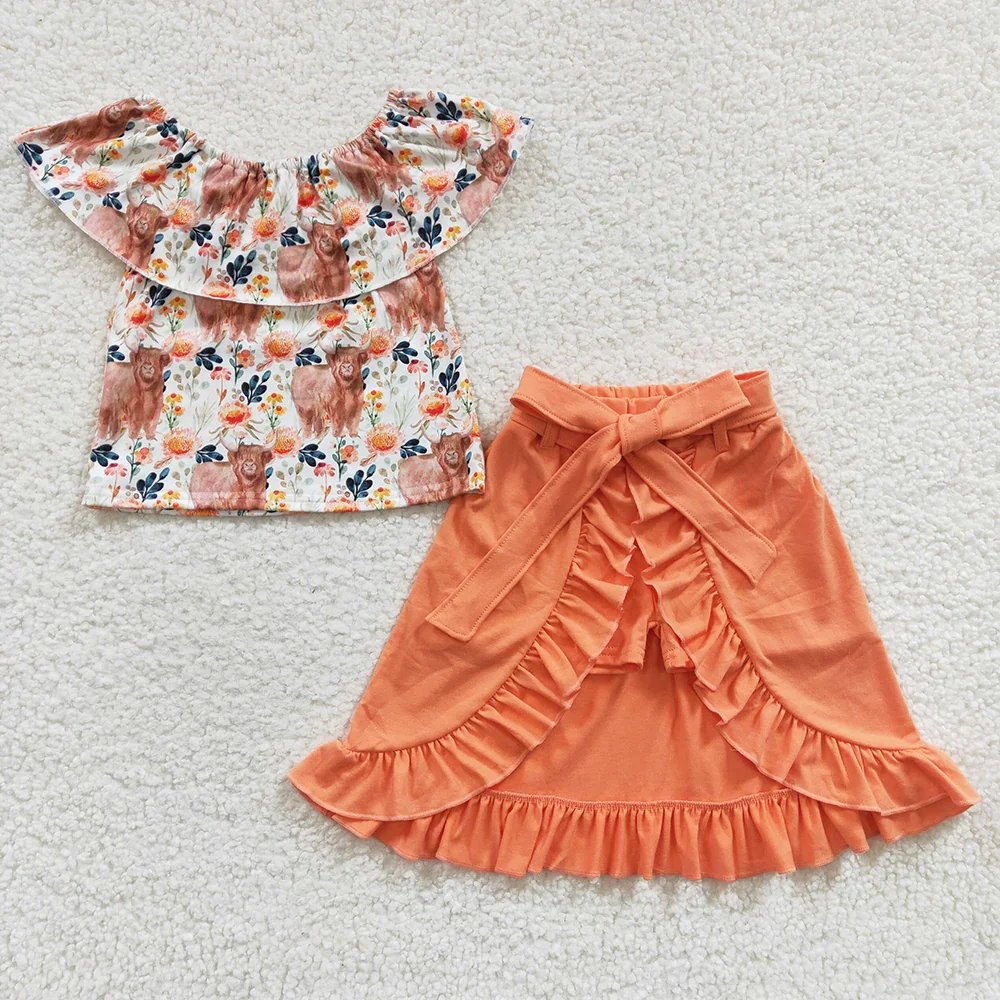 Vendita all'ingrosso neonata mucca occidentale floreale vestiti per bambini camicia a fiori per bambini set bambini pantaloncini di cotone arancione gonna vestito infantile