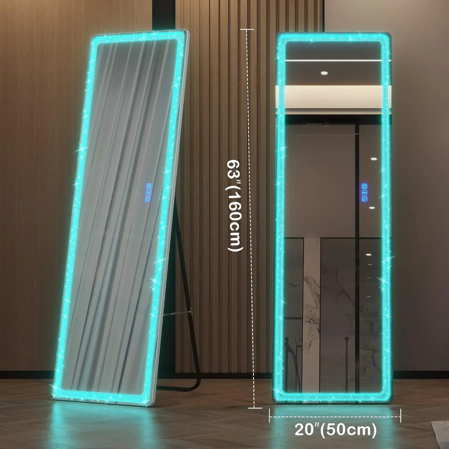 Full Length Mirror with RGB LED Lights, Full Body Lighted Mirror with Crushed Diamond, 63x20 Free Standing Floor Mirror, Wall Mo