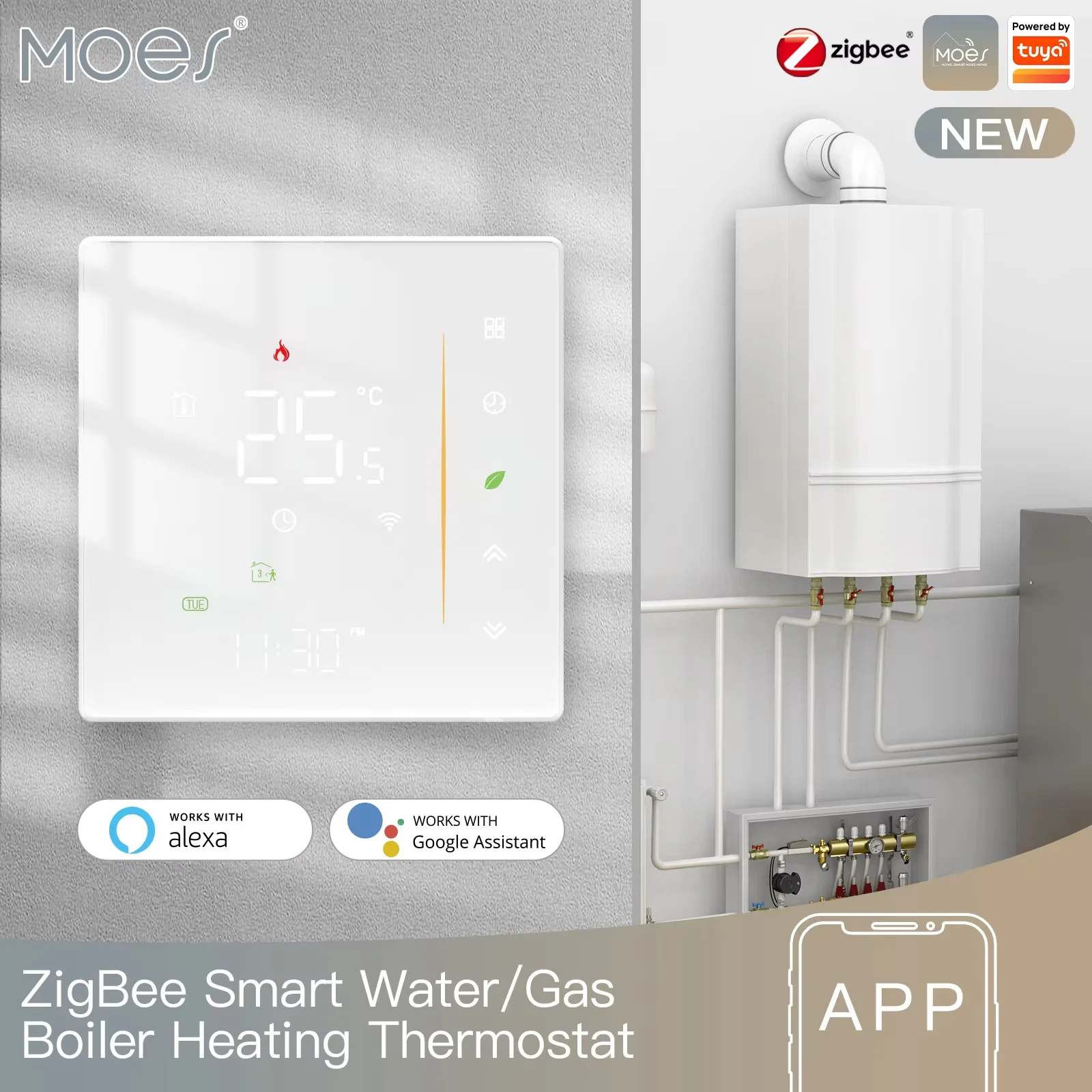MOES Zigbee Thermostaat Kamertemperatuurregelaar voor Water/Elektrische Vloerverwarming, Gasboiler, Luchtvochtigheid, Tuya, Werkt met Alex 5A16A