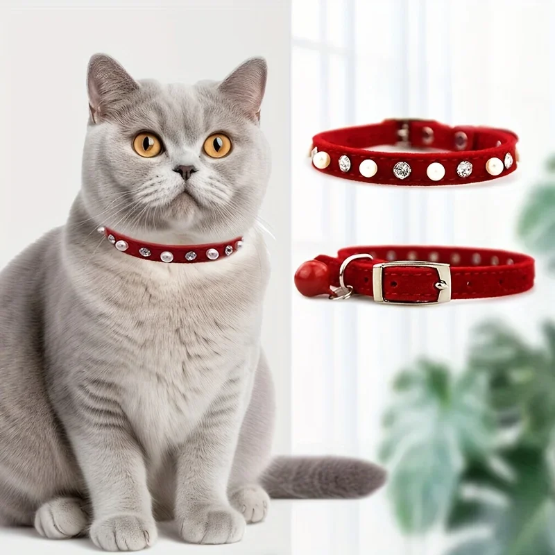 1 Stück Haustier-Katzenhalsband mit Perlen und Strass, Verstellbares Halsband mit Glöckchen, Niedliche Halskette für Kleine Hunde
