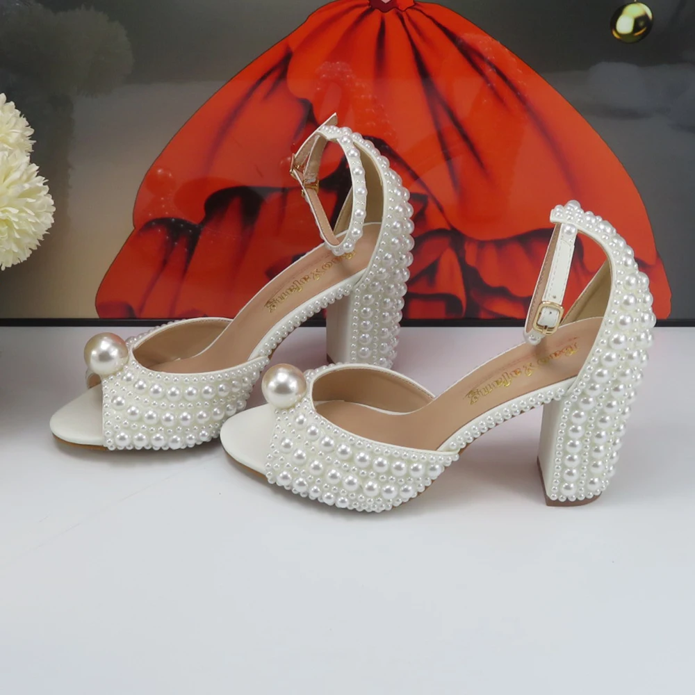 Fashion White Beads Pearl women wedding shoes Bride High heels shoes ladies super big size party dress shoes woman Fish toe view 6