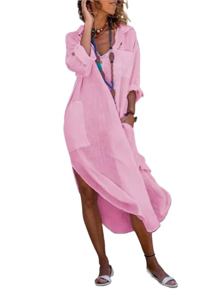

Spring Autumn Women Fashion Dresses New Solid Button Slit Loose Casual Shirt Cotton And Linen Long Dress Female Dress Robe Femme