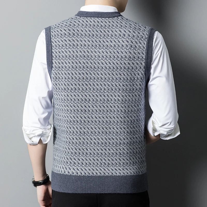 Autumn Winter New Men's Thickened Round Neck Wool Vest Business Casual Soft Fabric Pullover Sleeveless Jacquard Vest