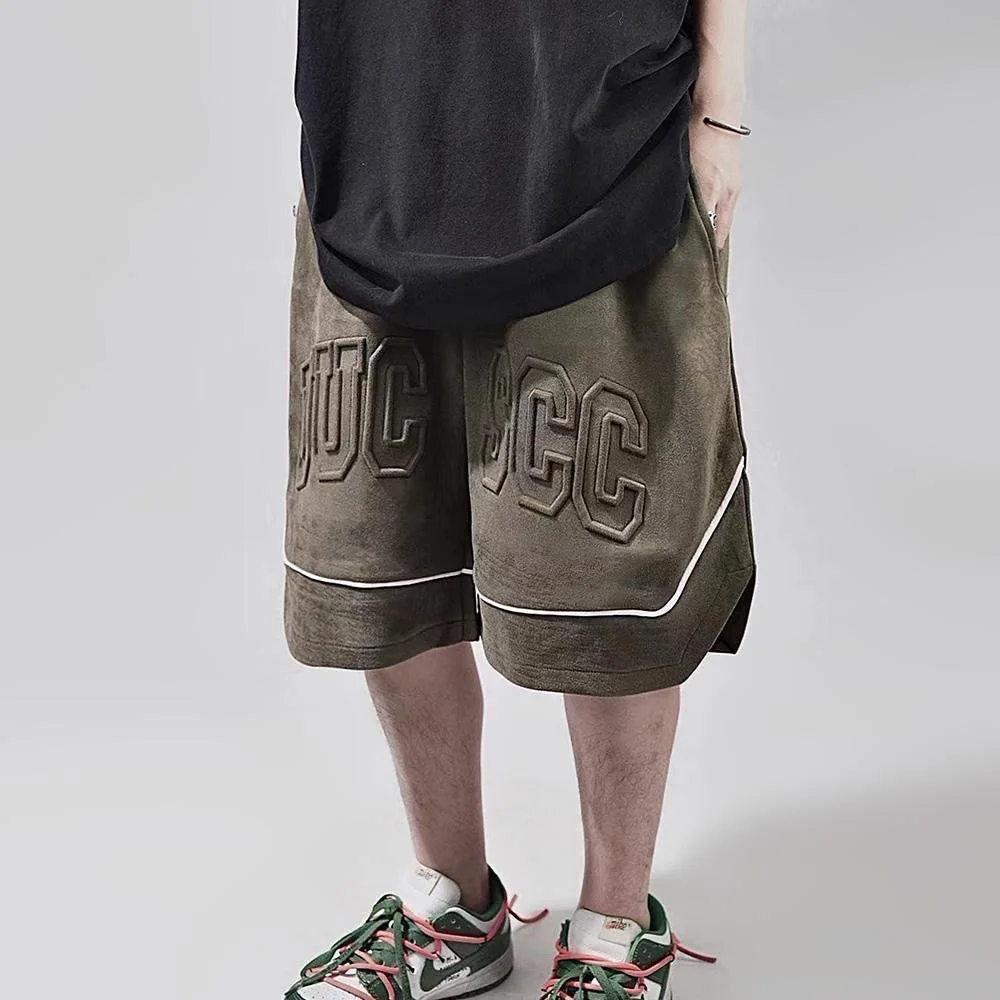 Faux Fur Embroidery Cargo Shorts Mens Streetwear Hip Hop Pants Harajuku Vintage Baggy Casual Wide-leg Sport Short Male