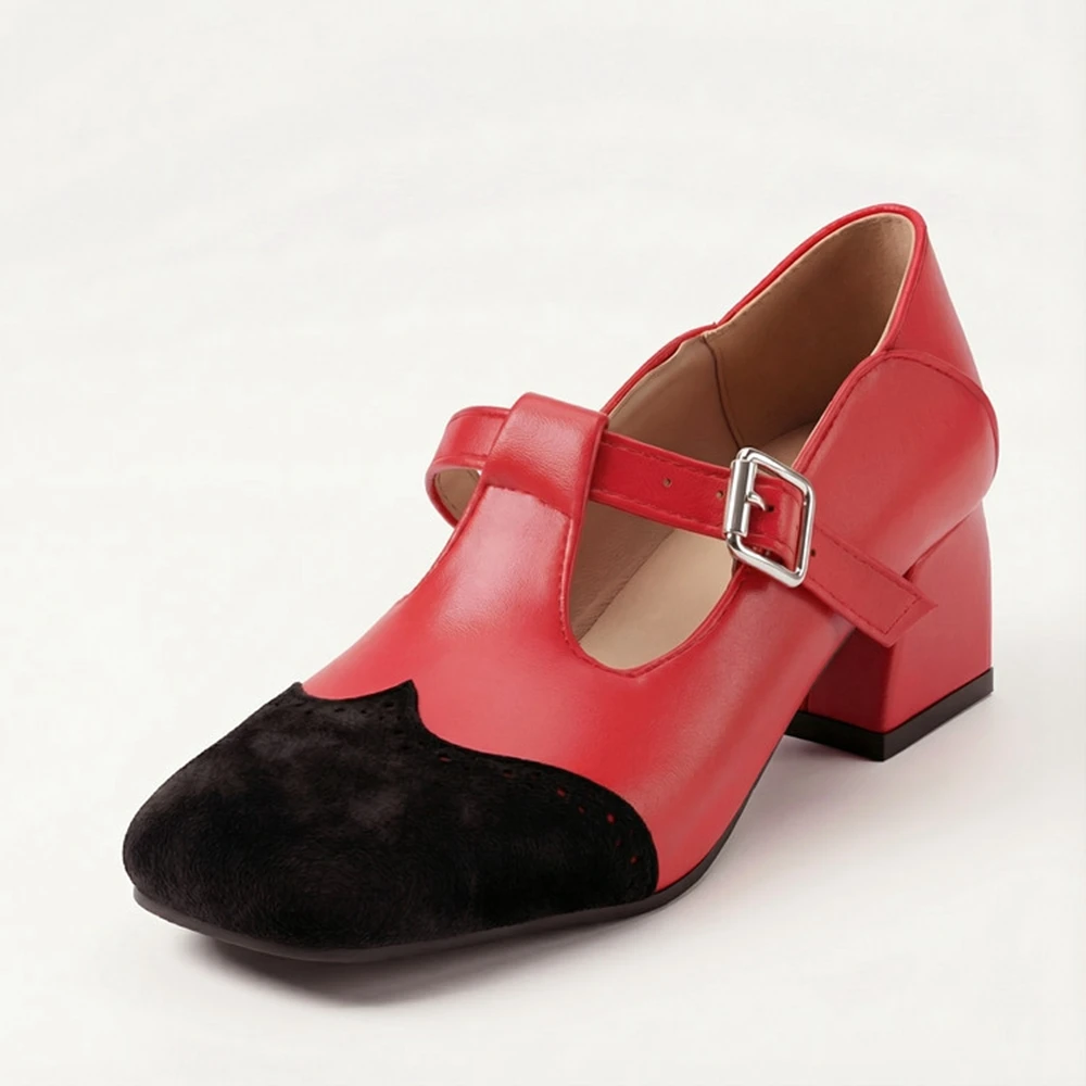 

Vintage T-Strap Mary Jane Pumps for Women Plus Size 34-48 5 Colors Square Toe Block Heel Dress Shoes 7778