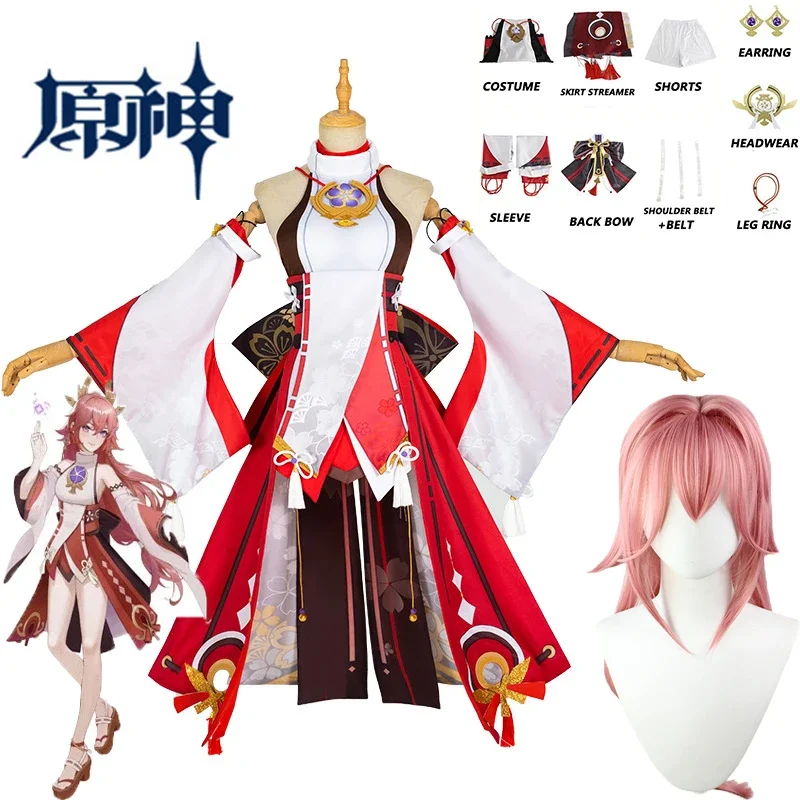 Genshin Yae Miko juego de Cosplay, disfraz de impacto, peluca, vestido, pantalones cortos, conjuntos de disfraces de Halloween para hombres y mujeres