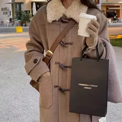 2024 Autumn/Winter New Bullhorn Button Wool Lined Jacket Korean Loose Warm Long Woolen Coat Solid Color Casual Female Overcoat
