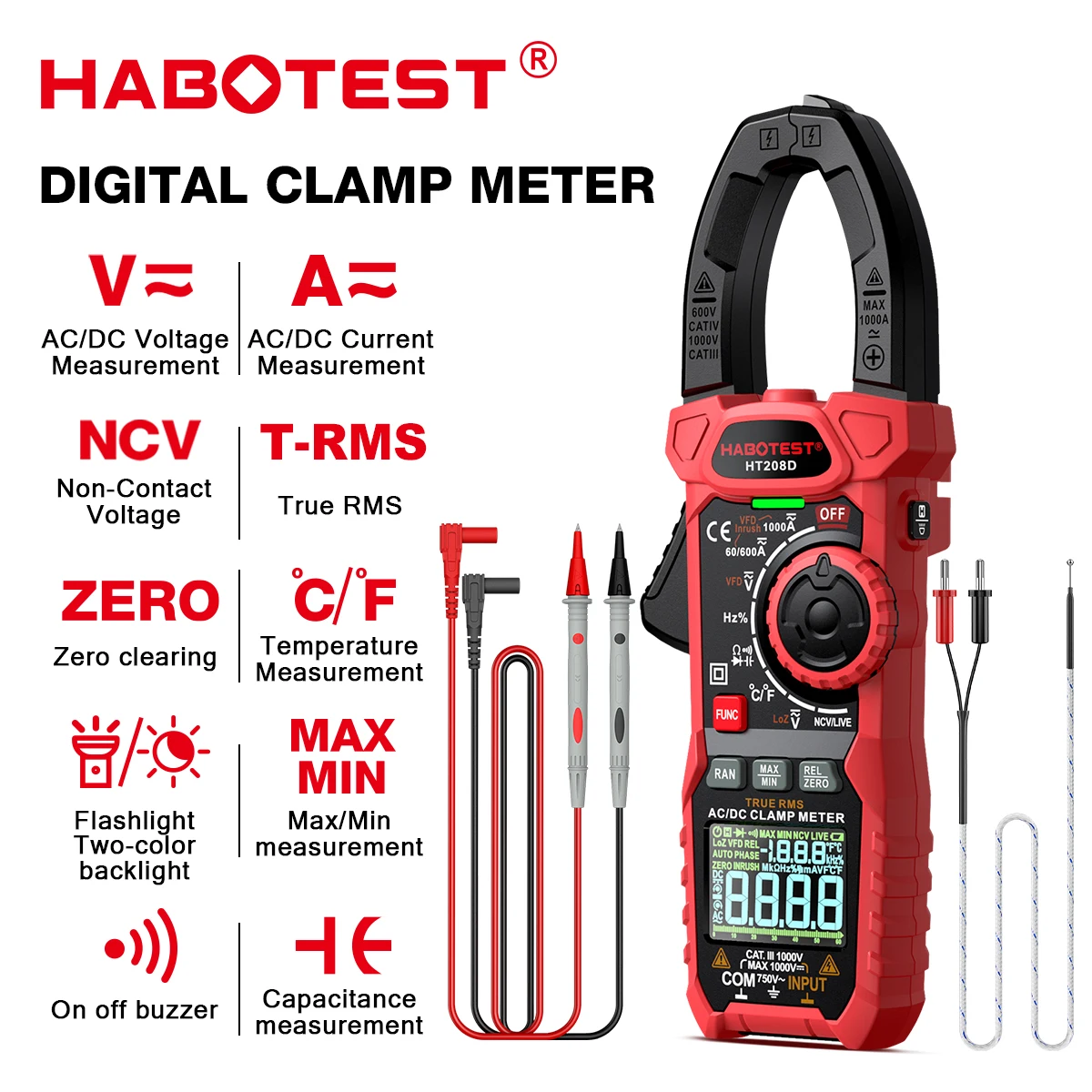 Multímetro de Gancho Digital HABOTEST HT208D 1000A 1000V AC/DC True RMS com Medição de Amperagem, Capacitância, Temperatura, Ohm e Frequência (Hz)