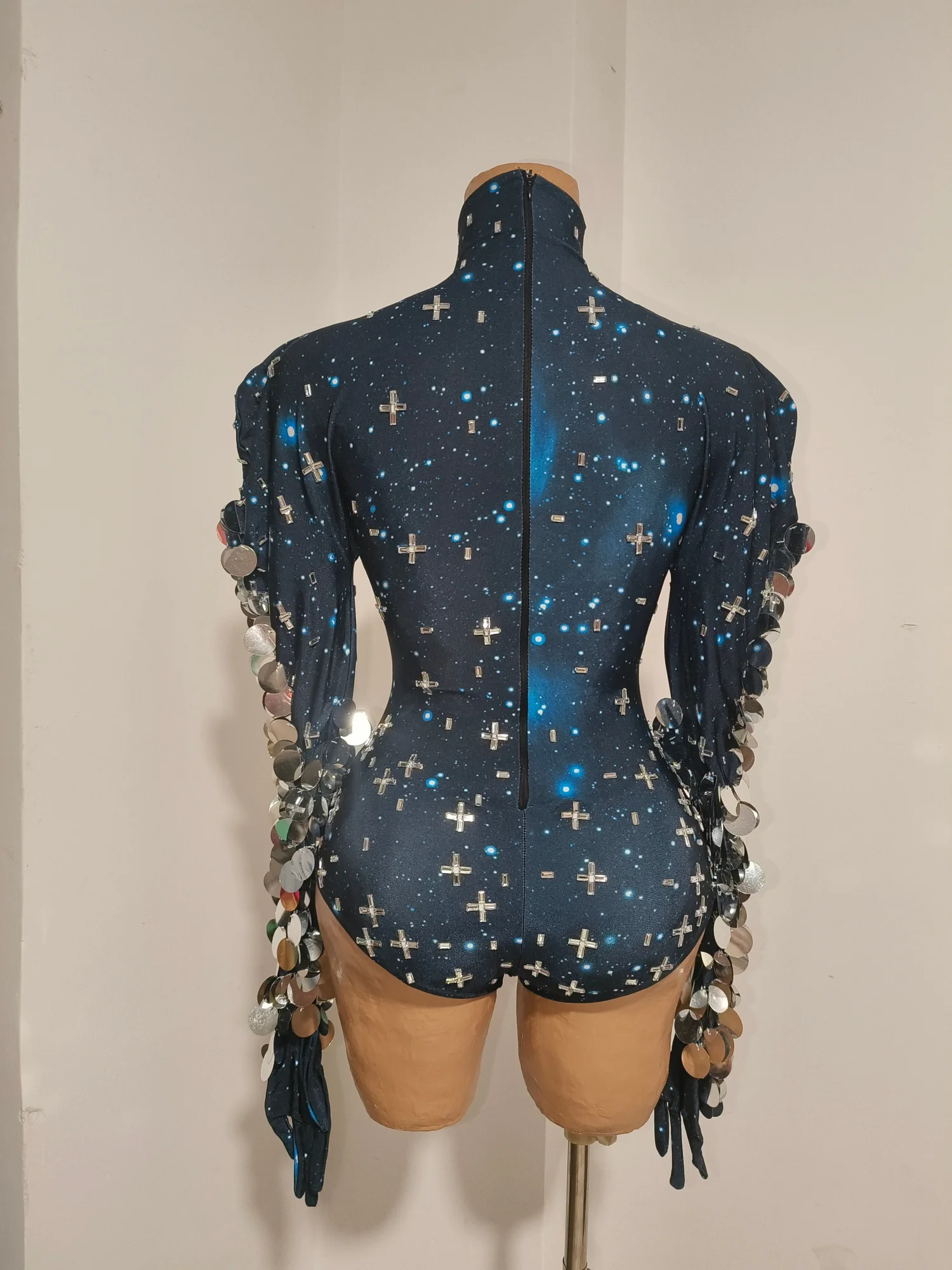 Cross Sparkly Rhinestone Long Sleeve Bodysuit Puff Sleeves Big Silver Circular Sequin Fringe Stage Performance Outfit Yuzhou