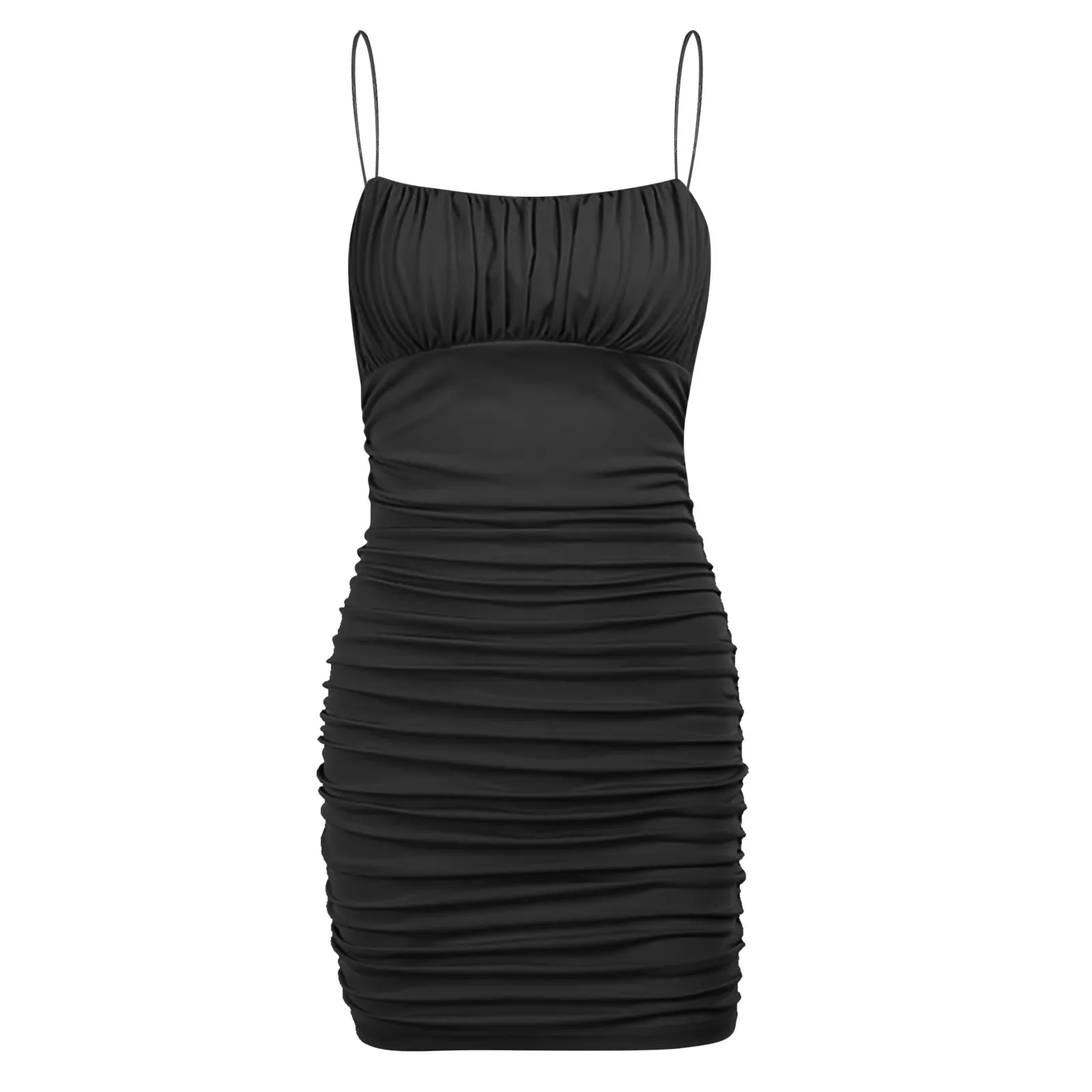 Frauen geraffte Spaghetti träger Party kleider sexy Mini Bodycon Sling Kleid solide ärmellose schlanke dünne kurze Kleid Clubwear