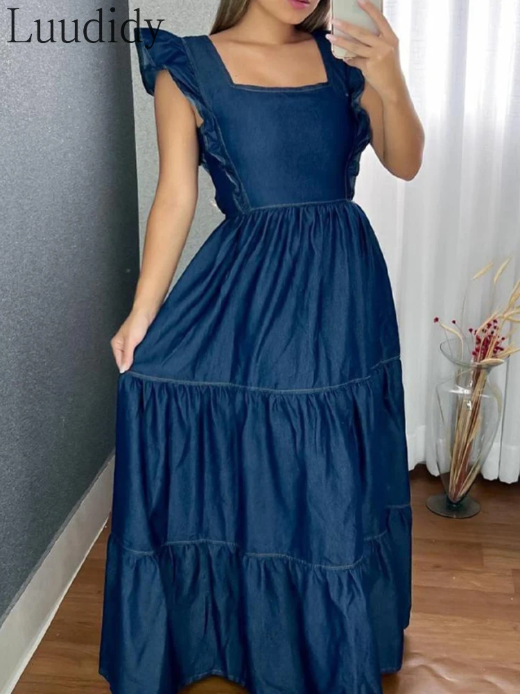 Vestido largo con mangas acampanadas, escote cuadrado y cremallera fruncida para mujer