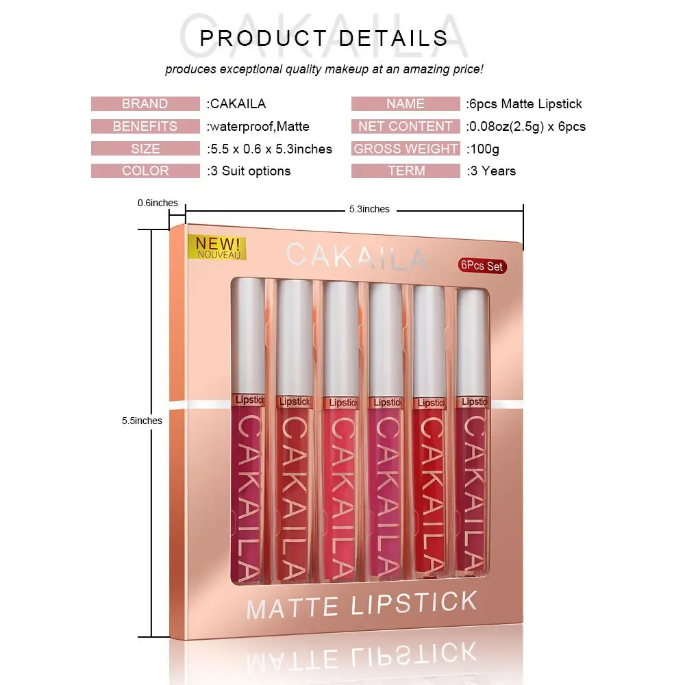 CAKAILA 6Pcs/Set Velvet Matte Lipstick 24HR Lasting Rich Matte Finish Liquid Lipstick Lip Gloss Nude Glaze Makeup Cosmetic