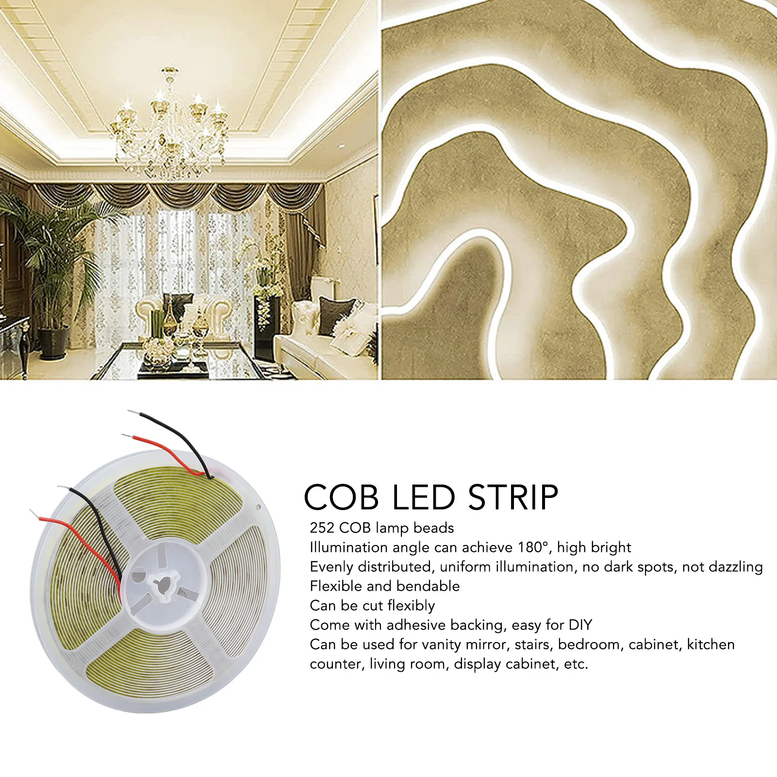 

ZK40 COB LED Strip Light 10m 110LM 252 Lamp Beads Cuttable Flexible Self Adhesive COB LED Tape Light