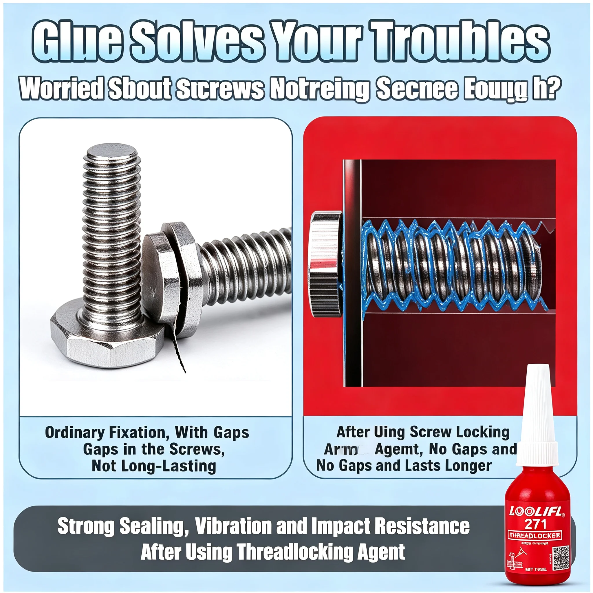LOOLIFL 271 Threadlocker Red High Strength Anaerobic Adhesive 10ml Screw Thread Locking Agent Anti‑Vibration Anti‑Loosening Seal