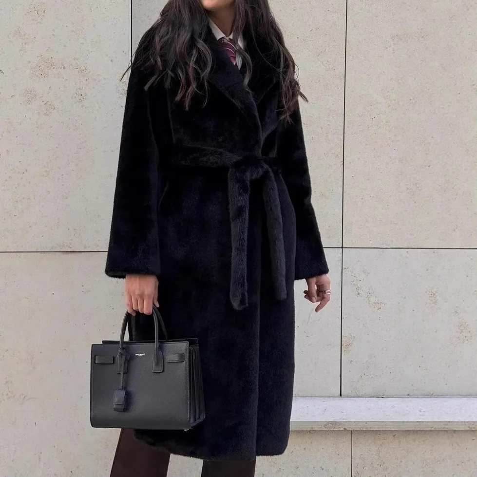 Kurtki Damskie Sztuczne Futro Długie Płaszcze Narzutki Sznurowane Kołnierzyk Wykładany Długi Rękaw Otwarty Splot Grube Luźne Jesień Zima 2025