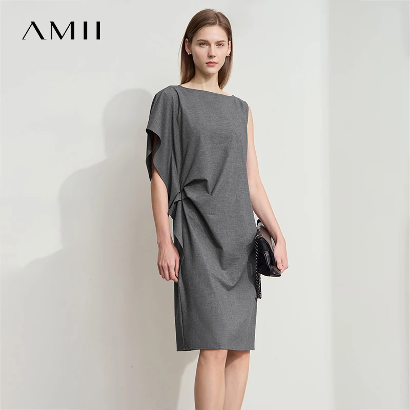 Amii – robe minimaliste pour femmes, nouvelle collection été 2021, manches courtes, ligne en H, asymétrique, vêtements élégants pour dames, 12522022