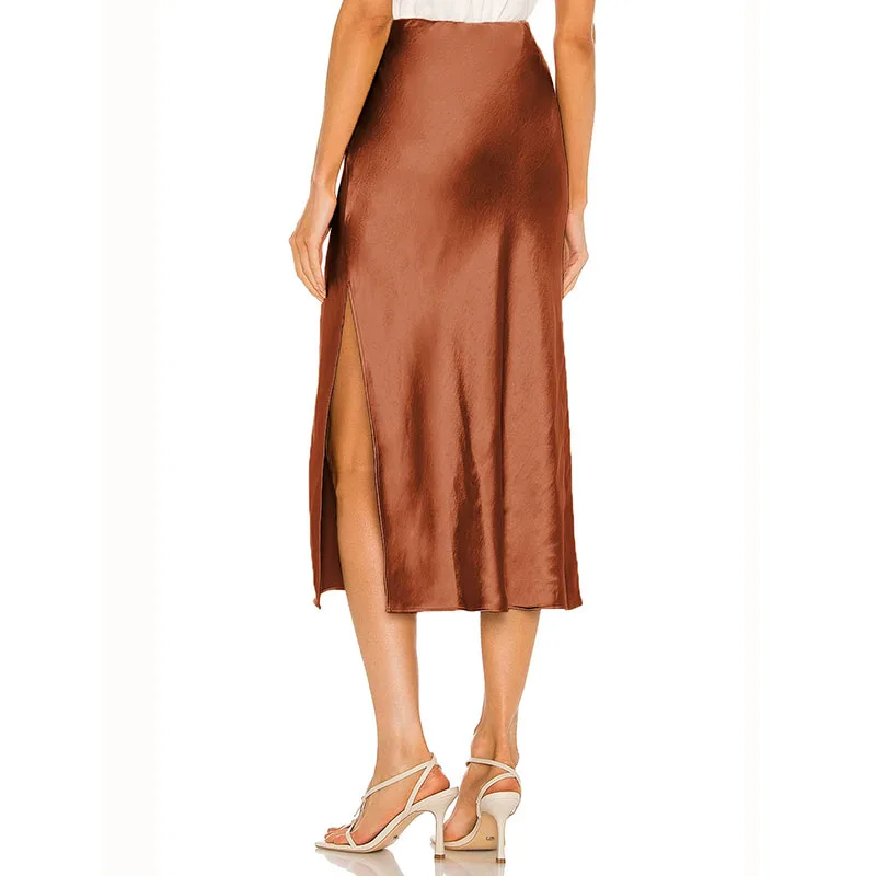 High End Acetate Fiber Satin Skirts Women Elegant Elastic Waist Side Split Midi Skirt Woman Fashion Party A-Line Bodycon Skirts