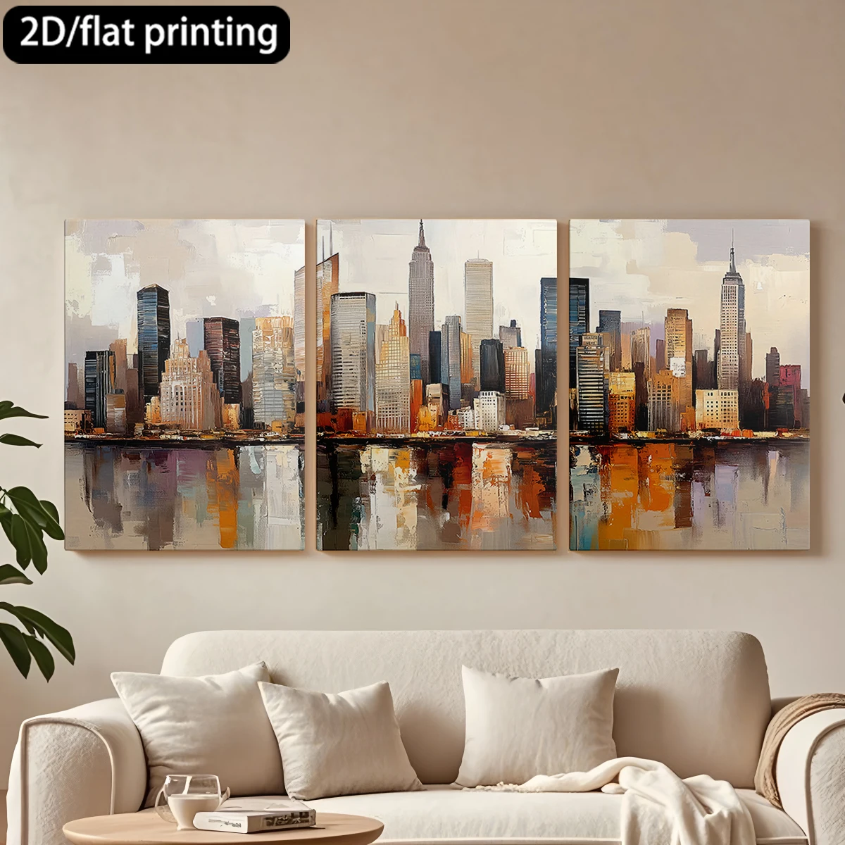 

2D плоская печать, набор из 3 картин на холсте в деревянных рамах, декоративная живопись: городской пейзаж, небоскребы, отражения.