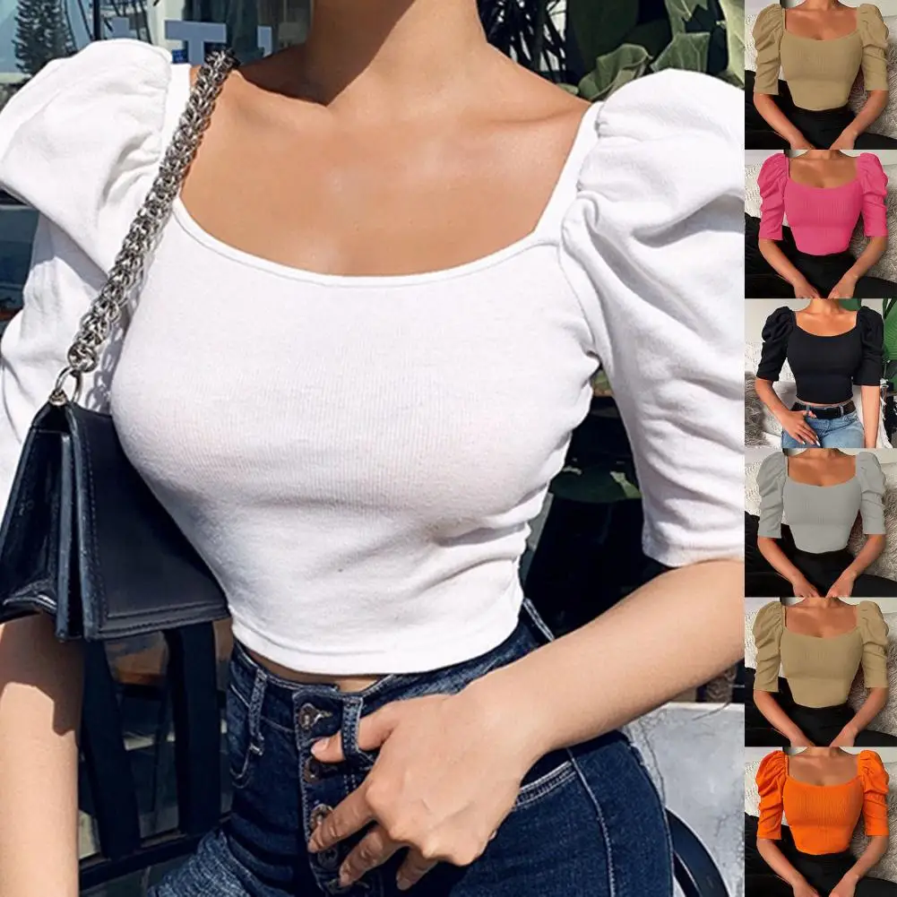 

Women Short T-shirt Stylish Solid Color Square Collar T-shirt Lightweight Women Blouse