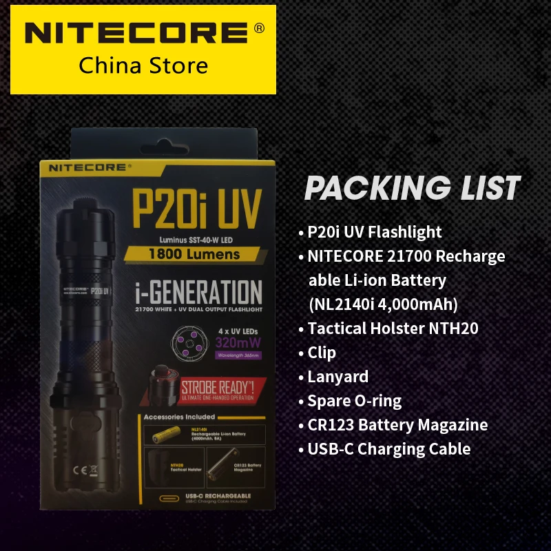 SALE NITECORE P20i UV 1800LMs Self DefenseTactical Flashlight Rechargeable Dual Light Source  Searchlight With NL2140i Battery