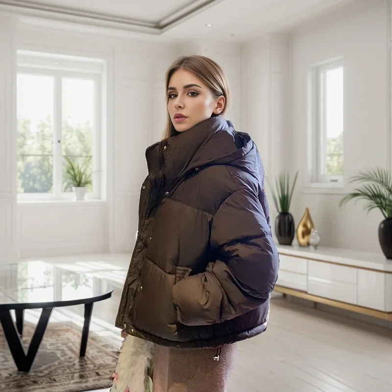 2024 Winter Warm Thick Parkas Women New Fashion Loose Crop Jacket Female Black Down Cotton Padded PU Leather Elegant Zipper Coat