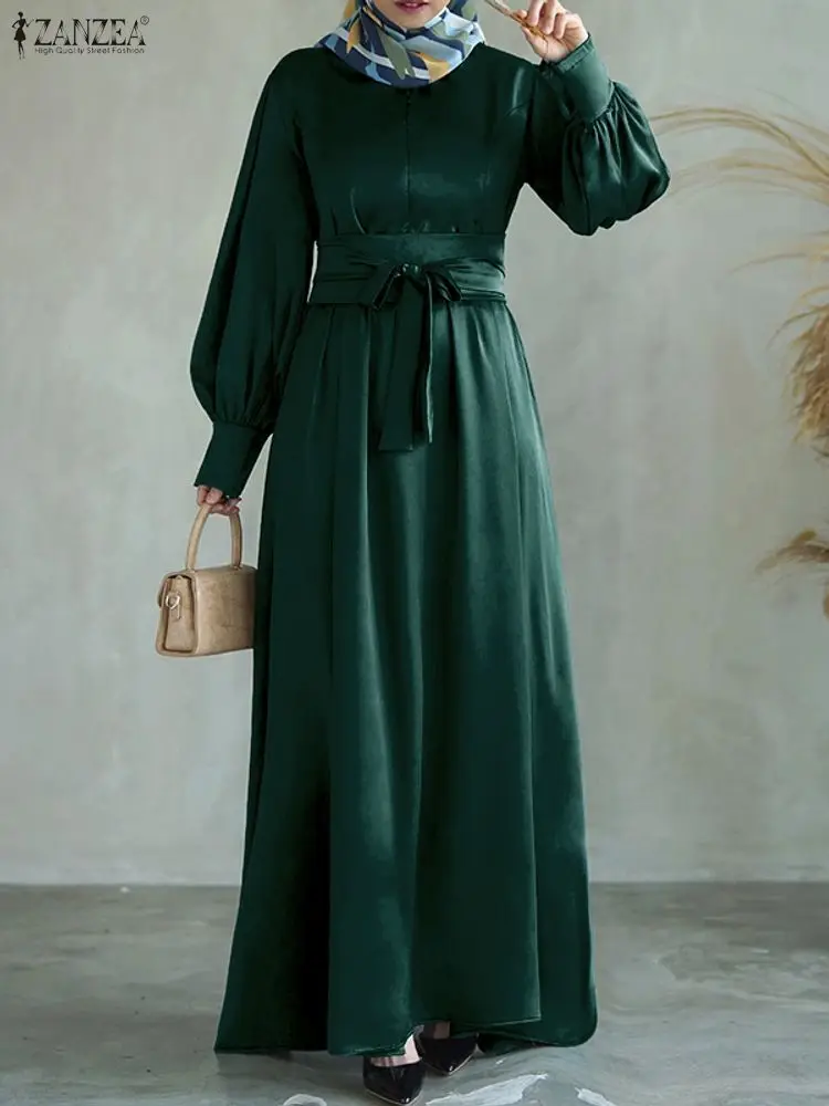 

ZANZEA 2025 Осеннее элегантное вечернее платье с длинными рукавами-фонариками, модное мусульманское платье Абая, женский атласный халат с высокой талией, сарафан в Дубае