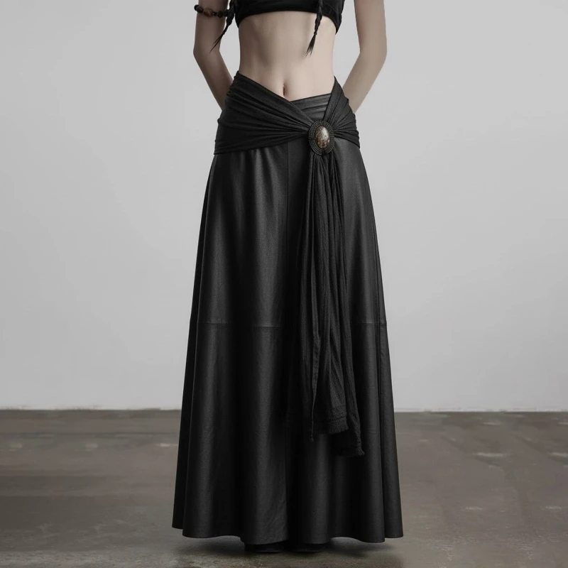 Deconstructed Strap Leather Half Skirt, Slim Fit and Versatile, Exuding A Slimming and Slimming Vibe. Long Skirt for Women