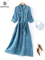 Birdtree 100%Natural Silk Light Luxury Dresses Age Reducing Shirt Style Temperament Dress Slim Denim Pocket Women Skirt D37919QM