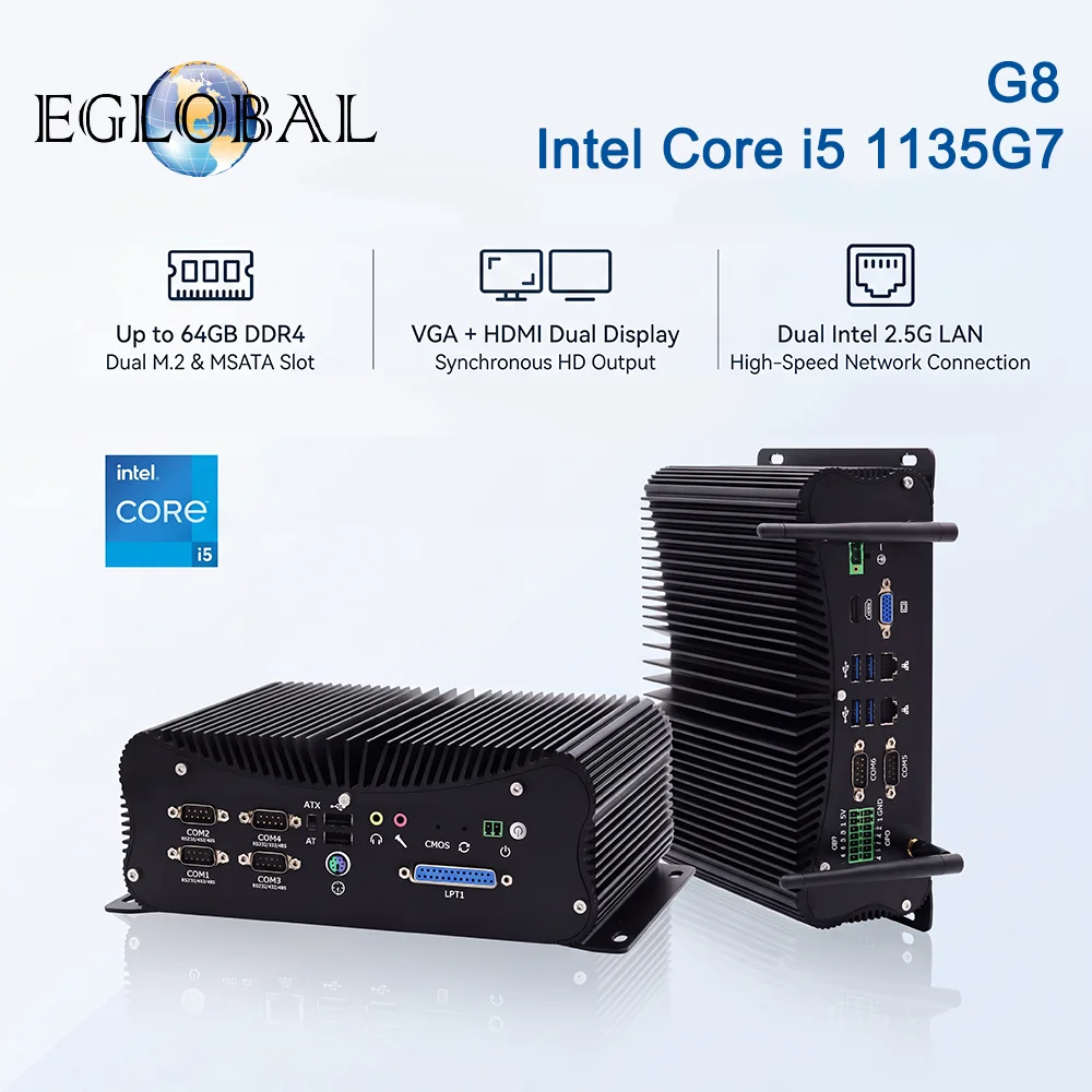 EGLOBAL Industrial Mini PC i5-1135G7  6x COM 4xRS485, 2x Gigabit LAN, GPIO LPT, Fanless Industrial PC for Automation, 24H Work