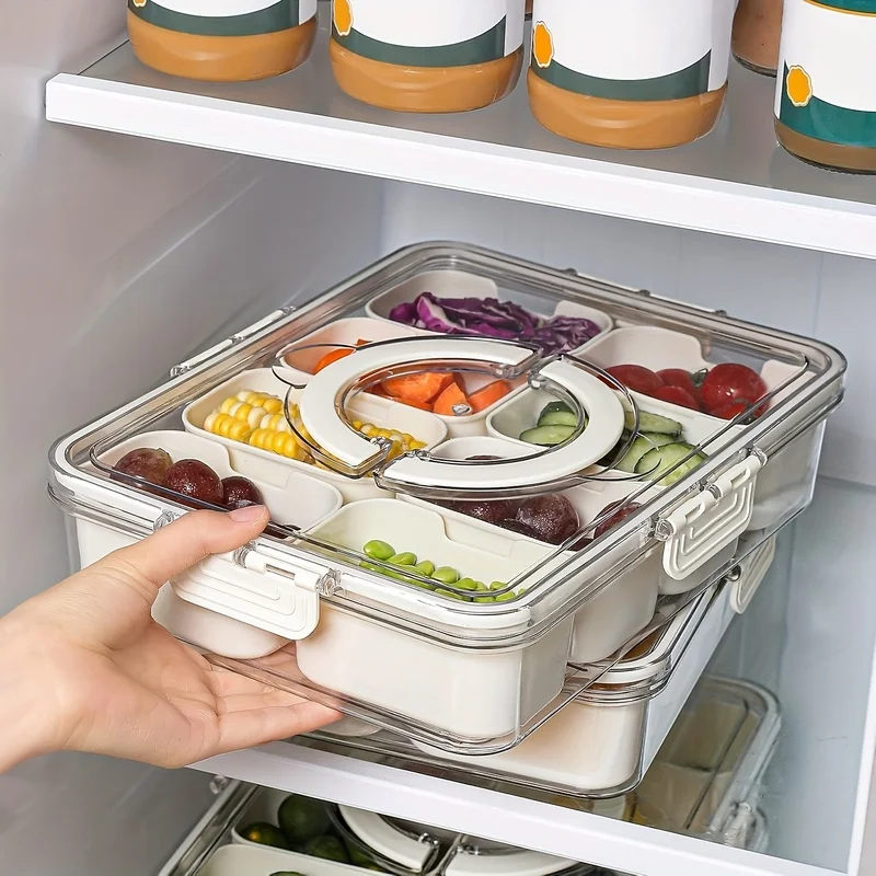 4/8-Compartment Container with Clear Lid, Portable Sectioned Snack Tray.Four-sided Snap-lock PP Transparent Material with