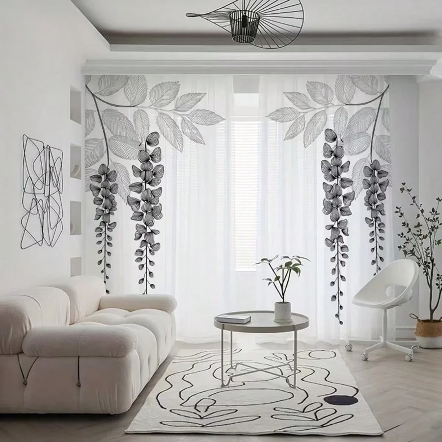 2PCS Digital Print Sheer Curtains, Grey Branch Leaf Pattern, Industrial Minimalist Style for Living Room Bedroom Window Decor