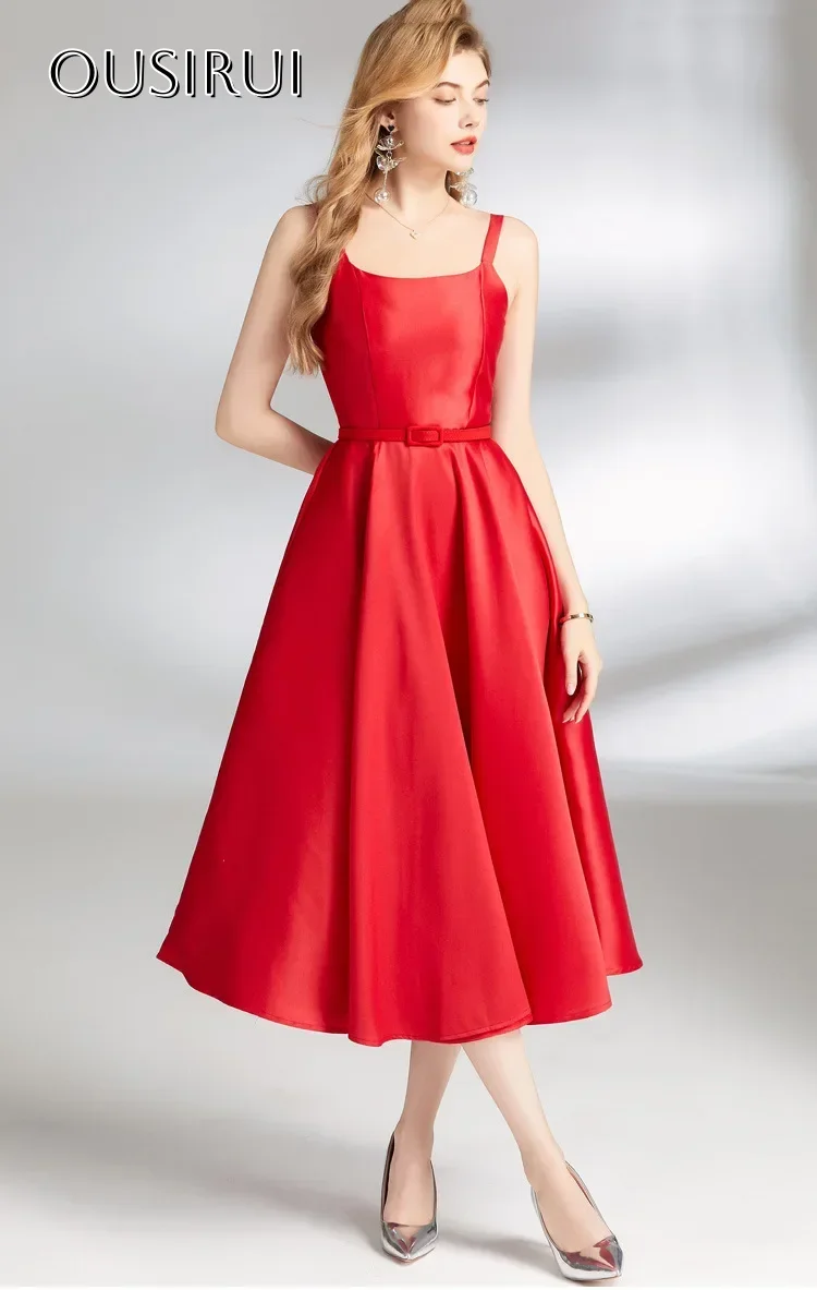 Robes de cocktail en satin à bretelles spaghetti, sans manches, froncées, longueur thé, ligne A, robes de soirée personnalisées