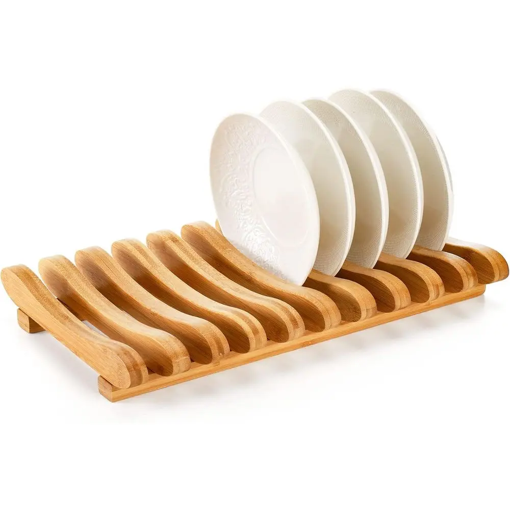 

rcctre Bamboo Dish Drying Rack, 10 Slots Bamboo Cabinet Plate Stand Dish Drainer Wooden Plate Rack Pot Lid Holder Kitchen Dish P