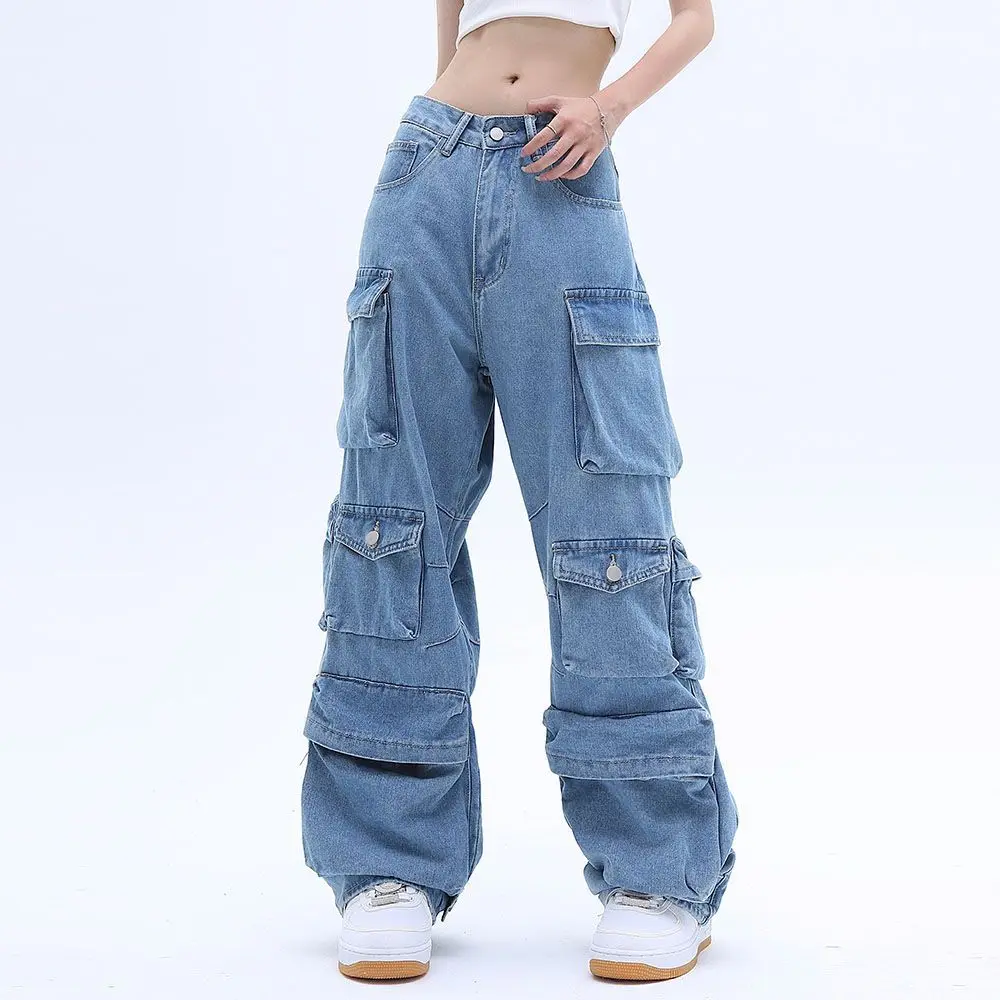 

Pocket Solid Color Overalls Jeans Women's Street Retro Loose Wide-Leg Overalls Couple Casual Joker Mopping Jeans Pants Women