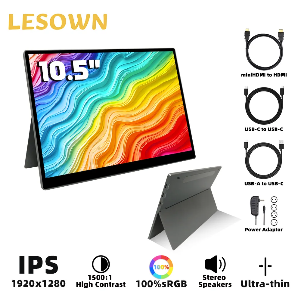 

LESOWN 10,5-дюймовый портативный дополнительный монитор 1920x1280 IPS ЖК-дисплей ультратонкий дисплей вспомогательный экран для ноутбуков, ПК, ТВ, игровых консолей
