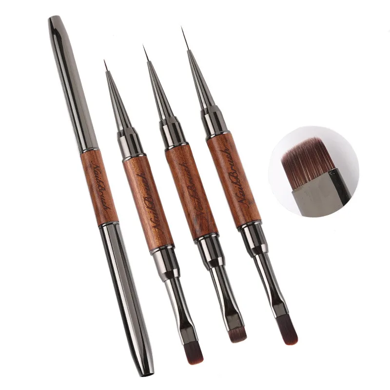 Double Head Sandalwood Handle Nail Brush Liner Brush Painting Pen Gel Brush Crystal Nail Art Manicure