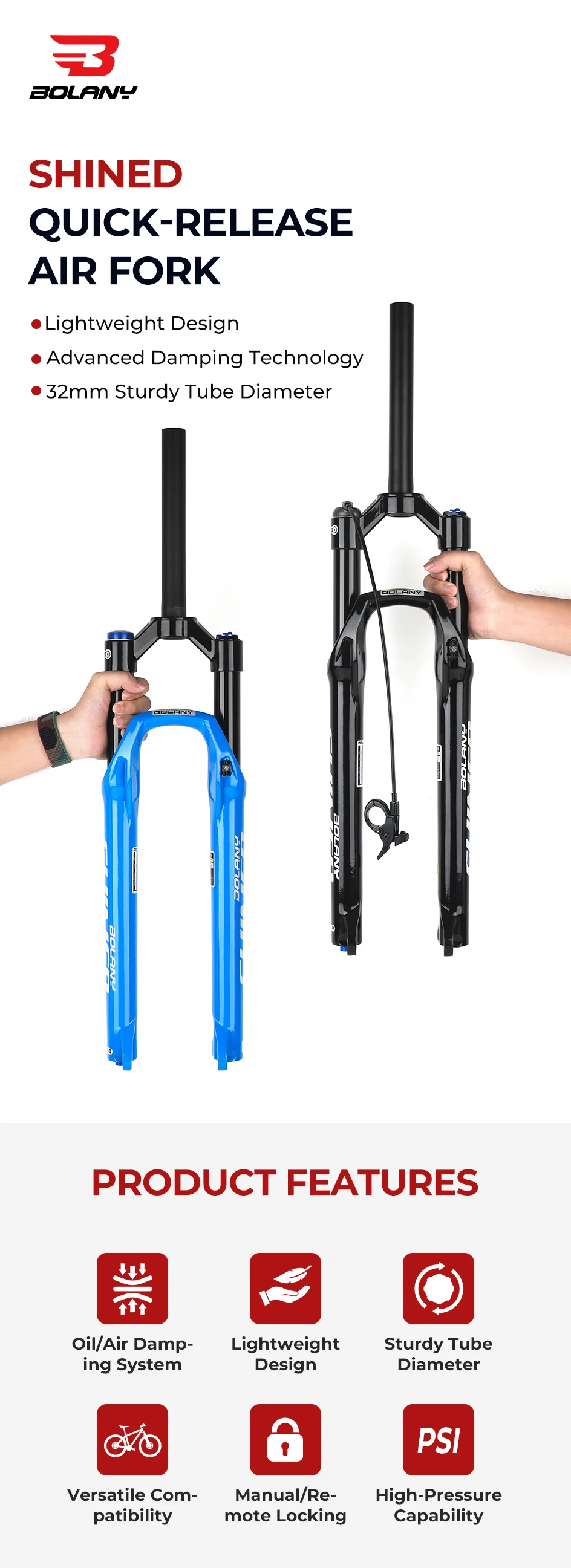 BOLANY MTB Luftgabel 26 27,5 29 Zoll 120 mm Federweg-Luftölfederung 9 x 100 mm QR Leichte Fahrradgabel R29 Fahrradzubehör Teil – Detail 1