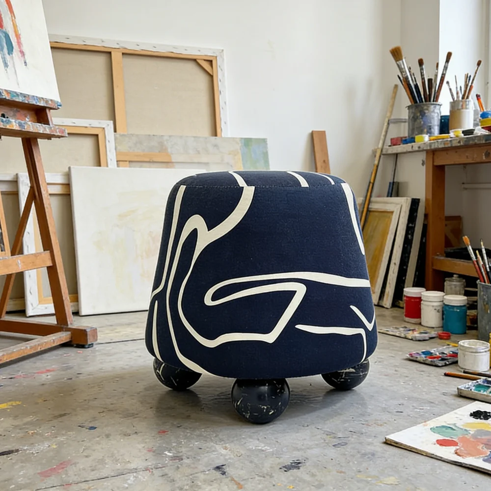 %J Modern Fabric Fancy Striped Graffiti Stool with Marble Ball Legs for Entryway Shoe Changing,  & Bedroom Dressing Chair