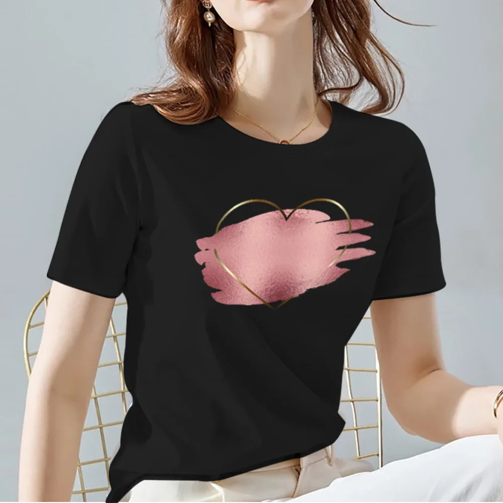 Women T-Shirts Tops Tee Black All-match Casual Ladies O Neck Love Heart Pattern Print Commuter Short Sleeve Women's Clothing