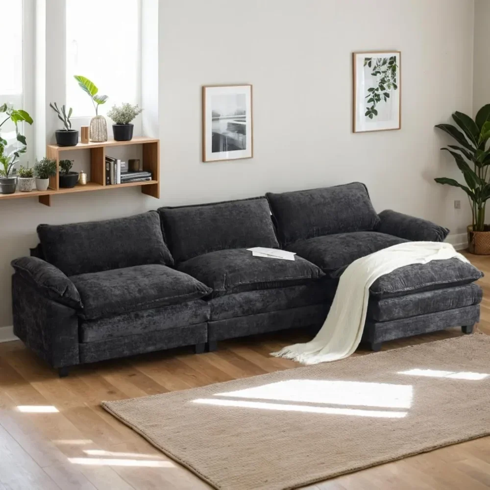 

Modular Deep Seat Sofa Couch with Ottoman, Chenille Sofa Sleeper Comfy Upholstered Furniture for Living Room, Apartment, Studio