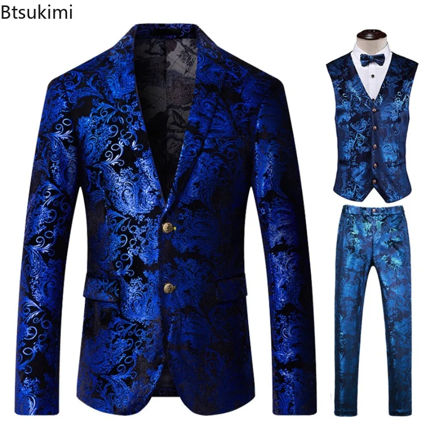 New Men's 3-piece Sets (Blazers+Vest+Pants ) European Style Trend Business Party Tuxedo Dress Outfits Stage Performance Clothes