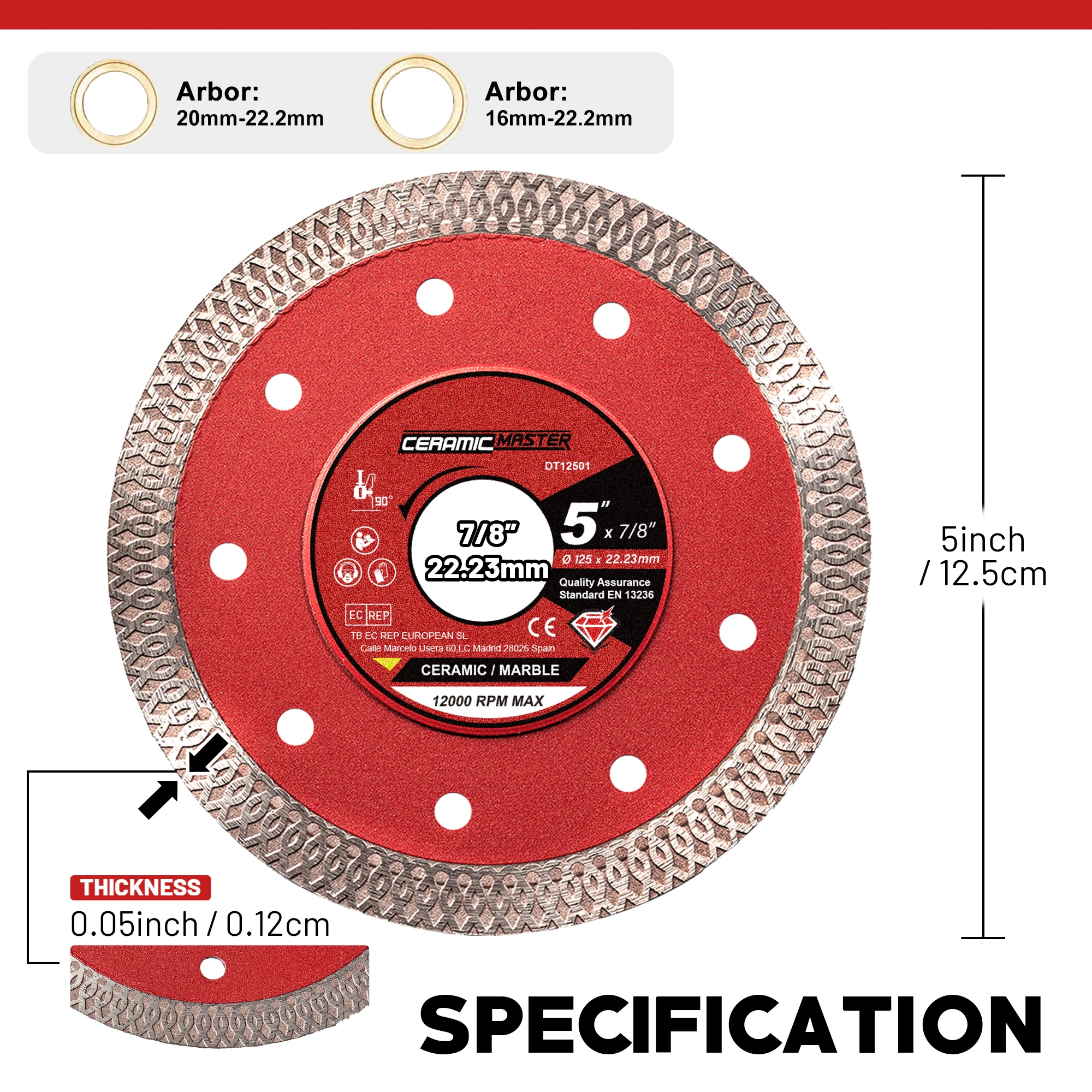 EZARC 2Pcs Super Thin Diamond Ceramic Cutting Blades 4.5"/5" Diamond Saw Blade for Smooth Cutting Porcelain Ceramic Granite