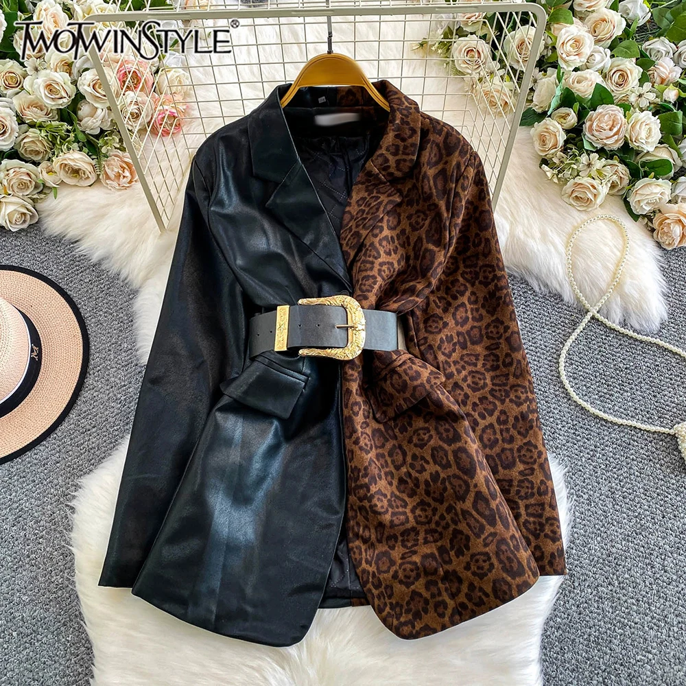 

TWOTWINSTYLE Hit Color Slimming Casual Blazers For Women Lapel Long Sleeve Spliced Belt Autumn Elegant Coat Female New KJA553353